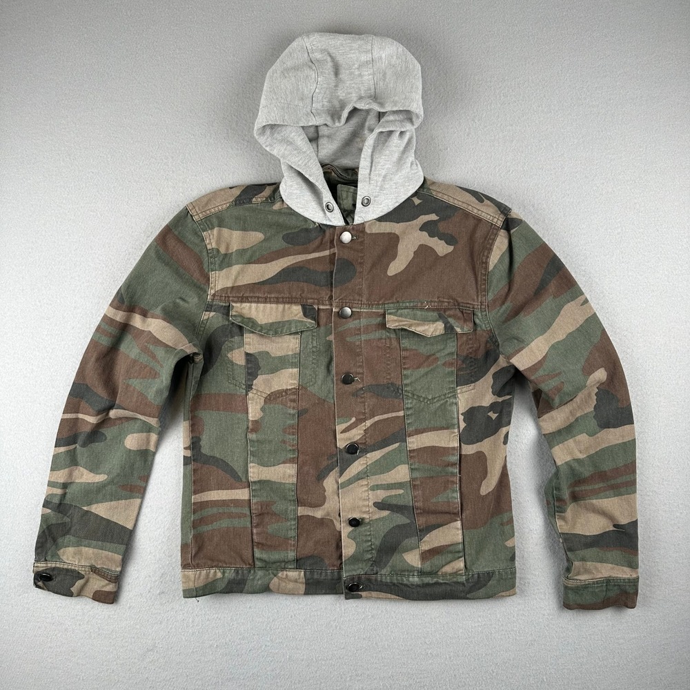 Nomad Camo Hooded Jacket Mens Small Green Brown Woodland Snap Button Cotton
